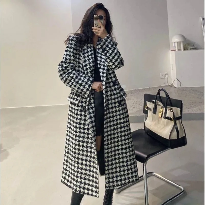 Femmes automne hiver manteau en laine 2025 nouvelles femmes Double boutonnage manteau coréen pied-de-poule mi-long manteau en laine dame veste d'hiver