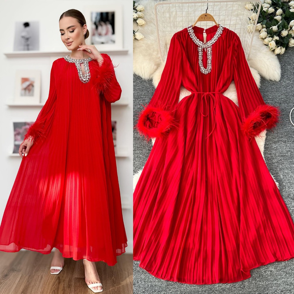 Robe longue d'été pour femmes, Sexy, plumes, diamant, couleur unie, longueur cheville, coupe ample, tempérament, ligne A, décontractée, 2024