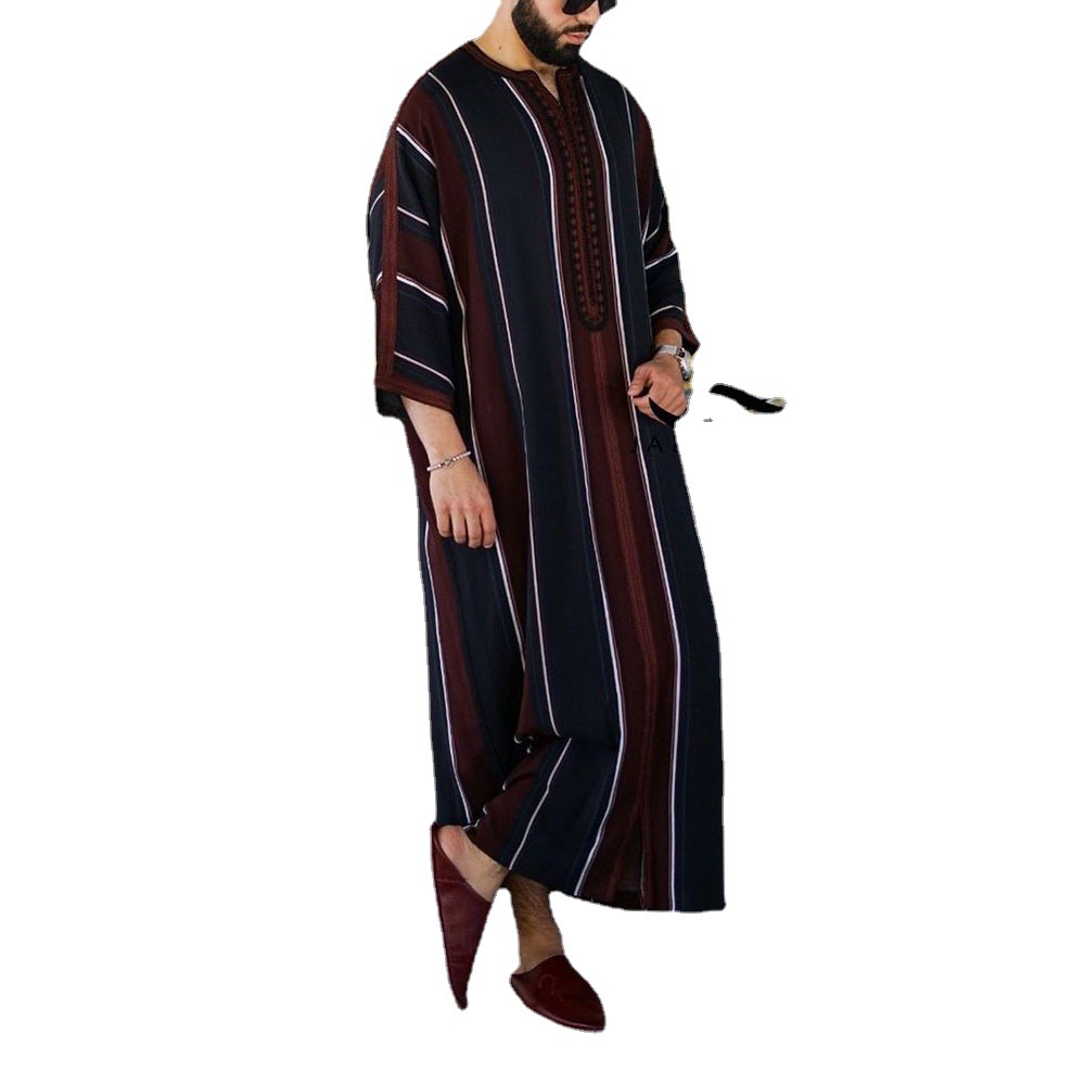 Hommes musulmans Robe longue saoudien islamique rayure impression Abaya Caftan dubaï arabe Eid Maroc Thobe Jubba Jalabiya été Ramadan 2024