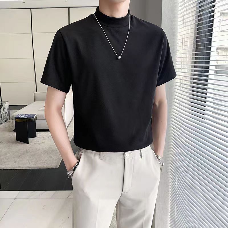 ChimFashion-T-Shirt à Manches Courtes pour Homme, Vêtement à Col Mi-Haut, Solide, Respirant, Slim, Simple, Décontracté, Polyvalent, Collection Été