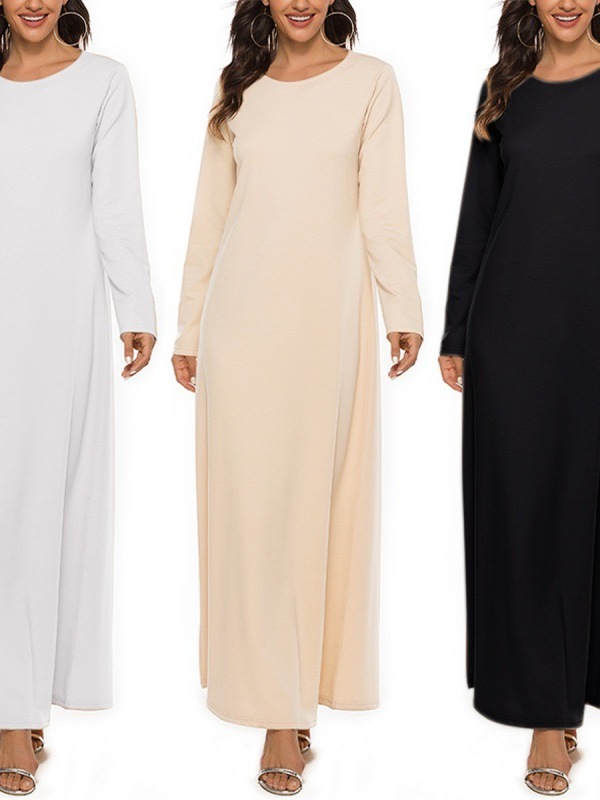 Robe de culte musulmane pour femmes, manches longues, col rond, robe unie du Moyen-Orient, robe de document basique
