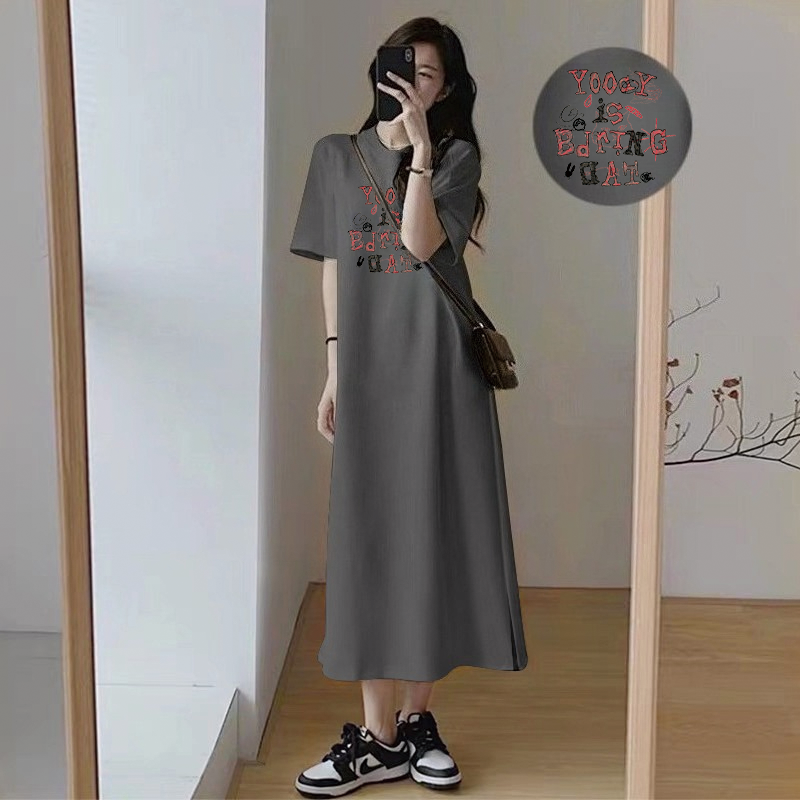 Robe T-shirt ample coréenne pour femme, blanche, imprimé lettres, manches courtes, décontractée, fendue sur le côté, longueur maxi