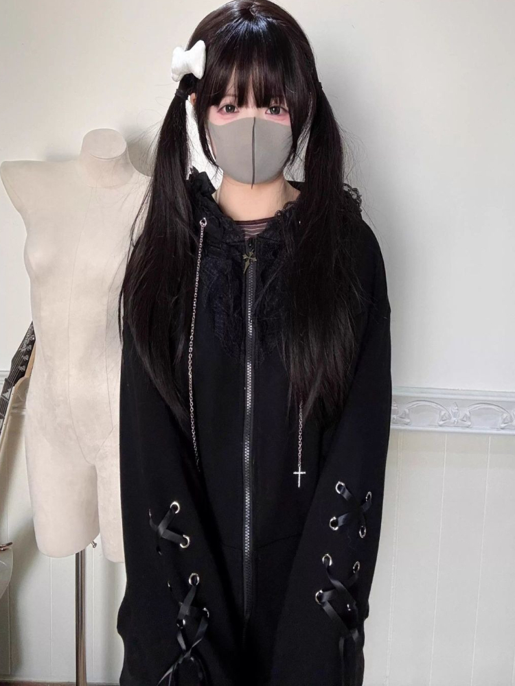 Sweat à capuche ample en dentelle noire pour femme, sous-culture gothique, esthétique, joli manteau à capuche à manches longues, décontracté, chaud, pardessus d'hiver, automne