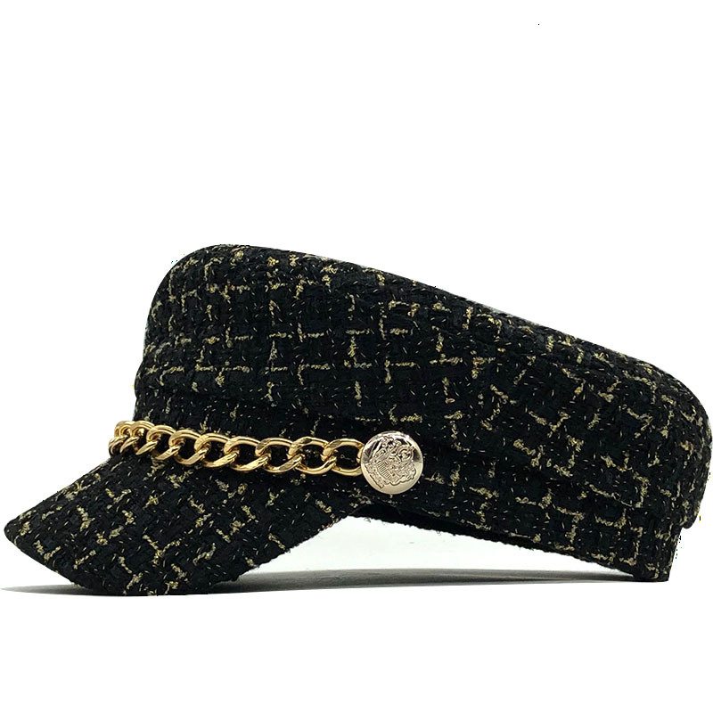 Casquette en laine pour femmes, chapeau plat, élégant, solide, chaîne en métal, chaud, streetwear décontracté, automne hiver