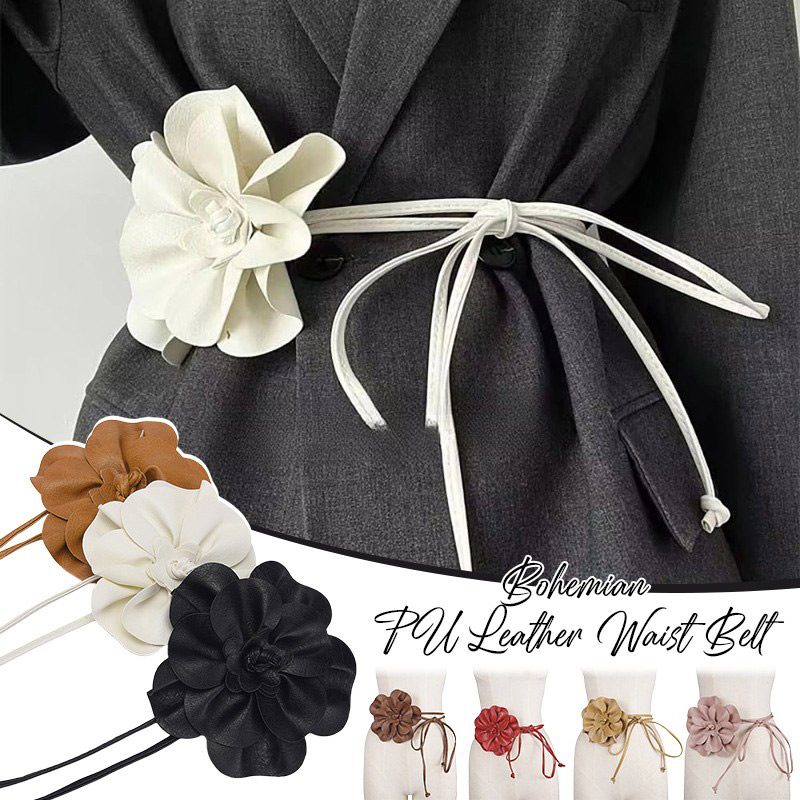 Ceinture Bohème en Cuir PU avec Grande Fleur à Nouer, Sash Décoratif pour Robe, Accessoire Gothique Vintage Polyvalent