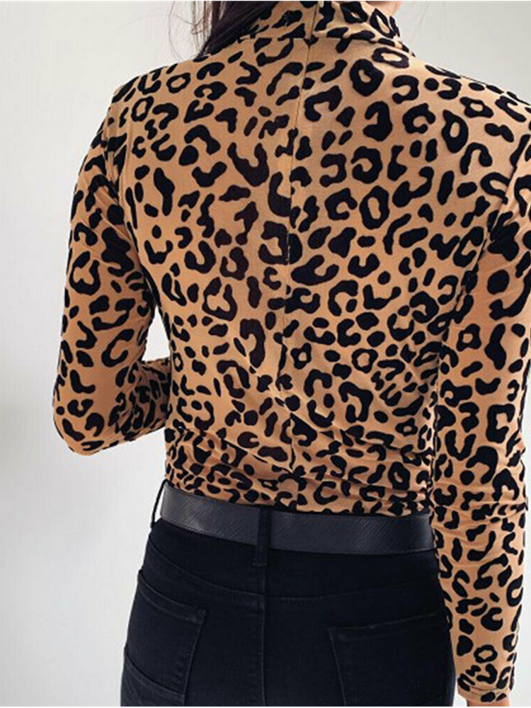 Chemisier à col roulé imprimé léopard pour femmes, chemises à manches longues, vêtements de fête pour dames, mode automne
