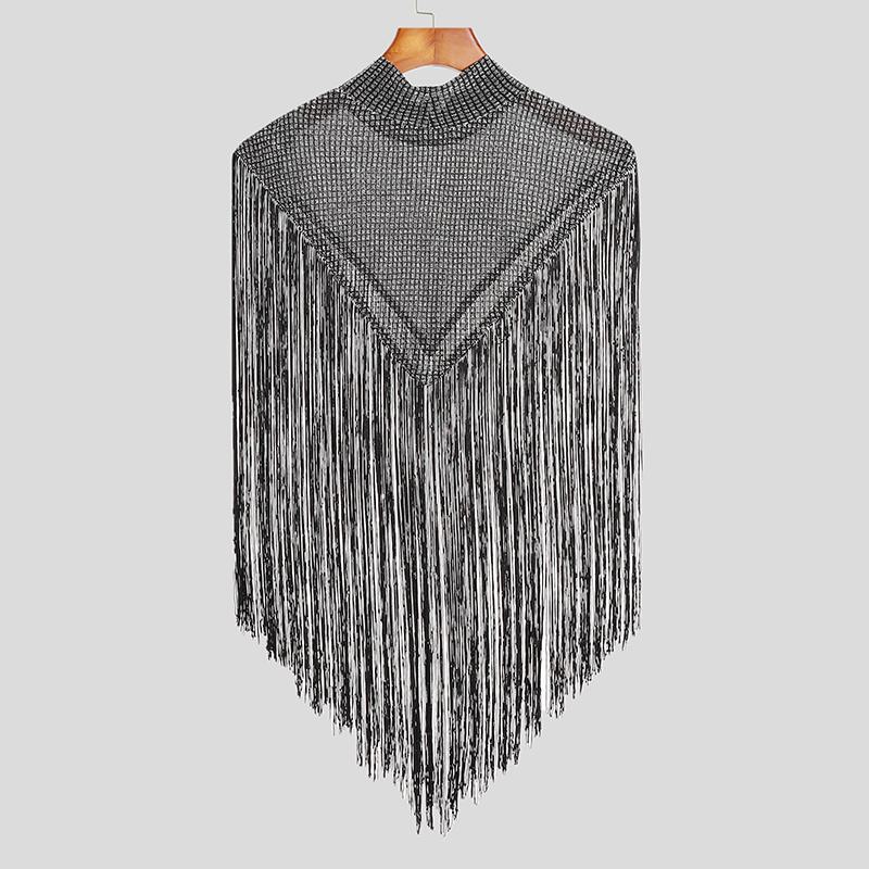 Gilets en Y à col roulé à pampilles pour hommes, irrégulière, précieuse, patchwork, fibre, streetwear, décontracté, sexy, ponchos Everak, mode masculine, nouveau, 2025