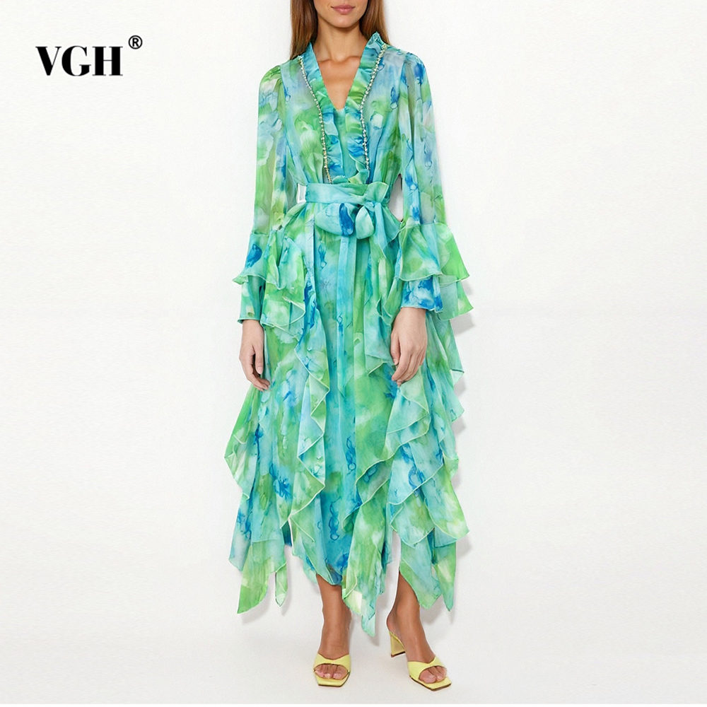 VGH – robe de soirée amincissante pour femmes, imprimé coloré, col en V, manches à volants, taille haute, Patchwork, robes à lacets, vêtements féminins