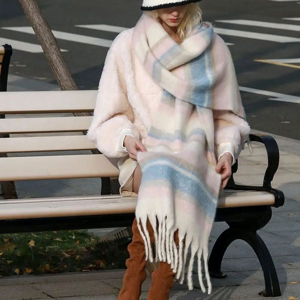 Écharpe coréenne en cachemire rayé pour femme, châle chaud et épais en Mohair, à la mode, avec pompon, Protection du cou, 200x40cm, hiver