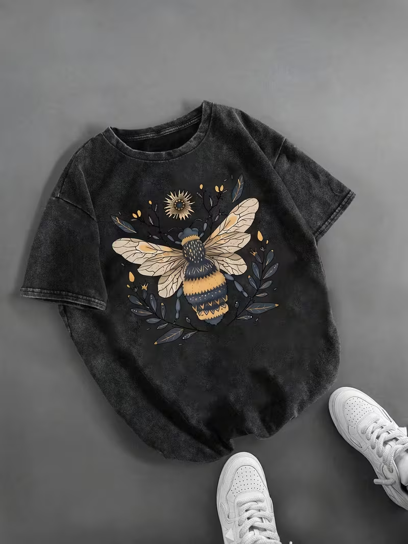 T-shirt Bee, T-shirt délavé, adapté aux trajets quotidiens, aux sorties décontractées, à la tenue quotidienne, style rétro classique, vêtements pour femmes