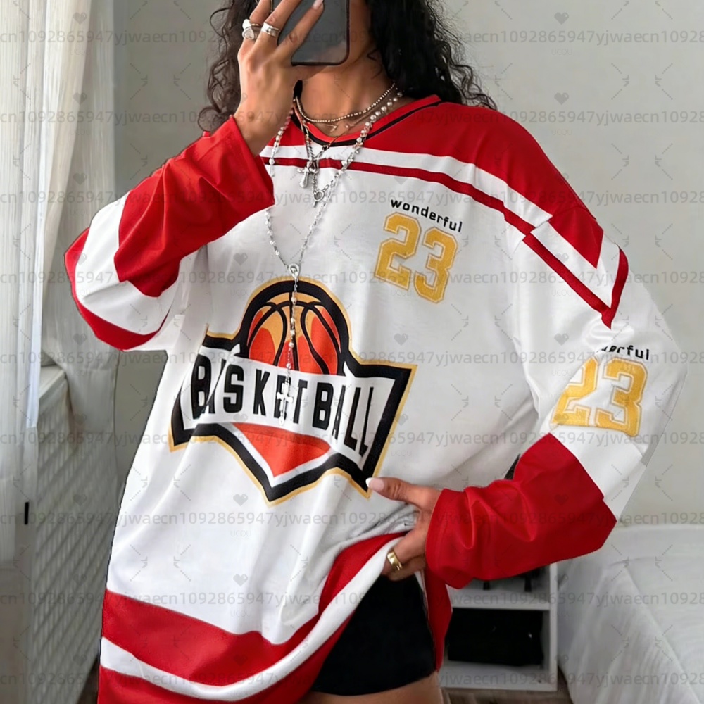 Superbe T-shirt de sport ample à col en V pour femme, respirant, à manches longues, style oversize, idéal pour le basketball
