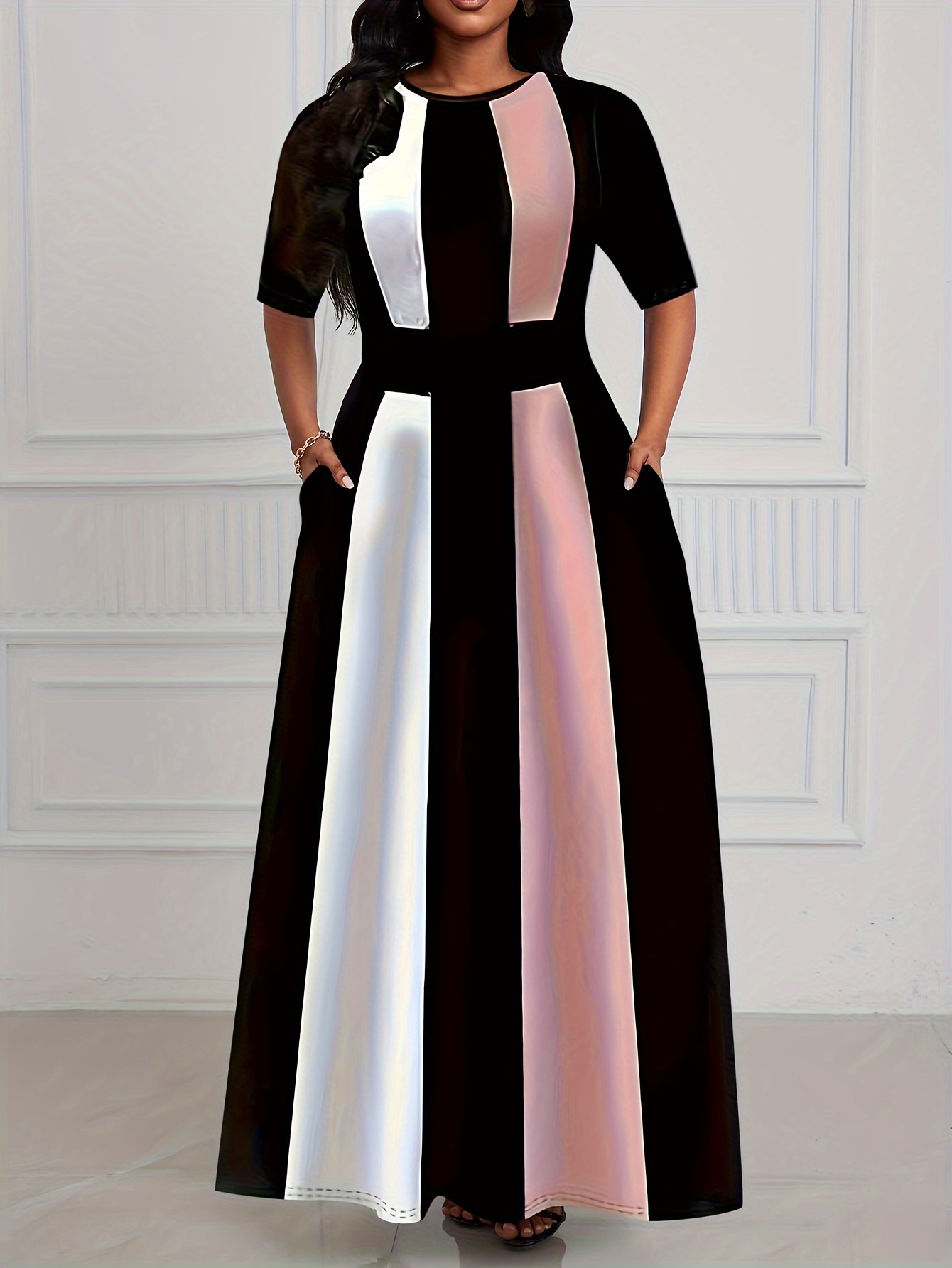 Robe femme printemps-été, coupe ajustée, style chic, pour le travail, avec contraste de couleurs.