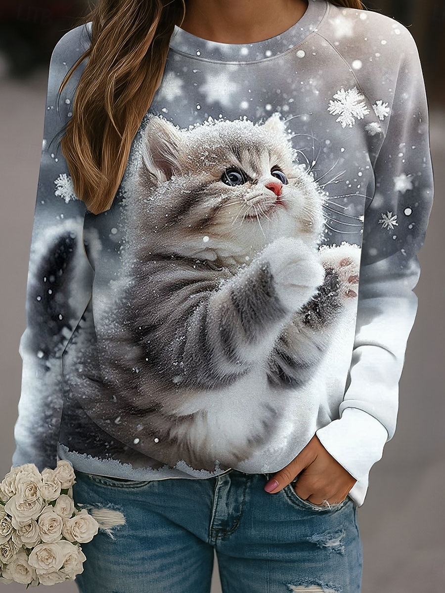 Sweat-shirt à manches longues et col rond pour femme, vêtement d'automne avec image de chat mignon, imprimé Animal en 3D, Y2k, Harajuku