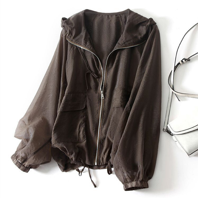 Manteau d'été fin pour femmes, vêtements d'extérieur amples, décontracté, manches longues, chemise de Protection solaire, fermeture éclair, veste à capuche, vêtements de Protection solaire pour femmes
