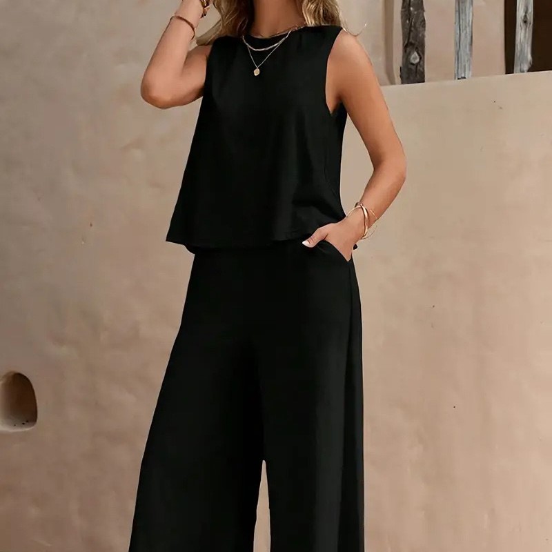 Nouveau femmes sans manches gilet et pantalon deux pièces ensemble mode couleur unie deux pièces col rond haut pantalon costume ensemble décontracté