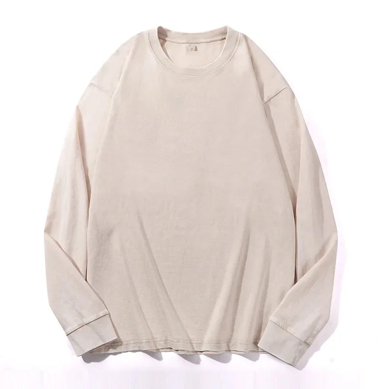 T-shirt à manches longues 100% coton pour hommes et femmes, style américain vintage, col rond, coupe ample, vêtements pour hommes, automne