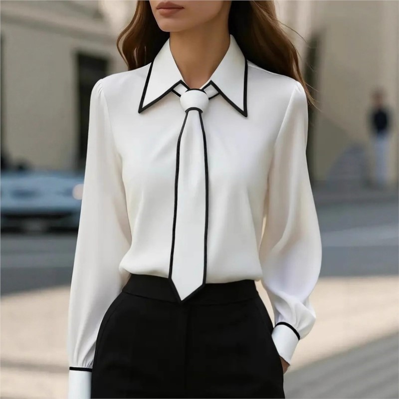 Chemise femme noeud papillon formel à manches longues bureau dame chemise femmes à la mode couleur unie automne chemise Blouses hauts blancs