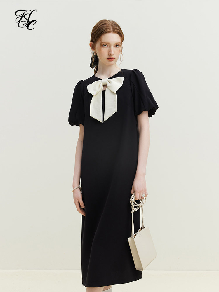 FSLE-Robe noire à nœud papillon pour femme, petite tenue française décontractée, nouvelle collection été 2023