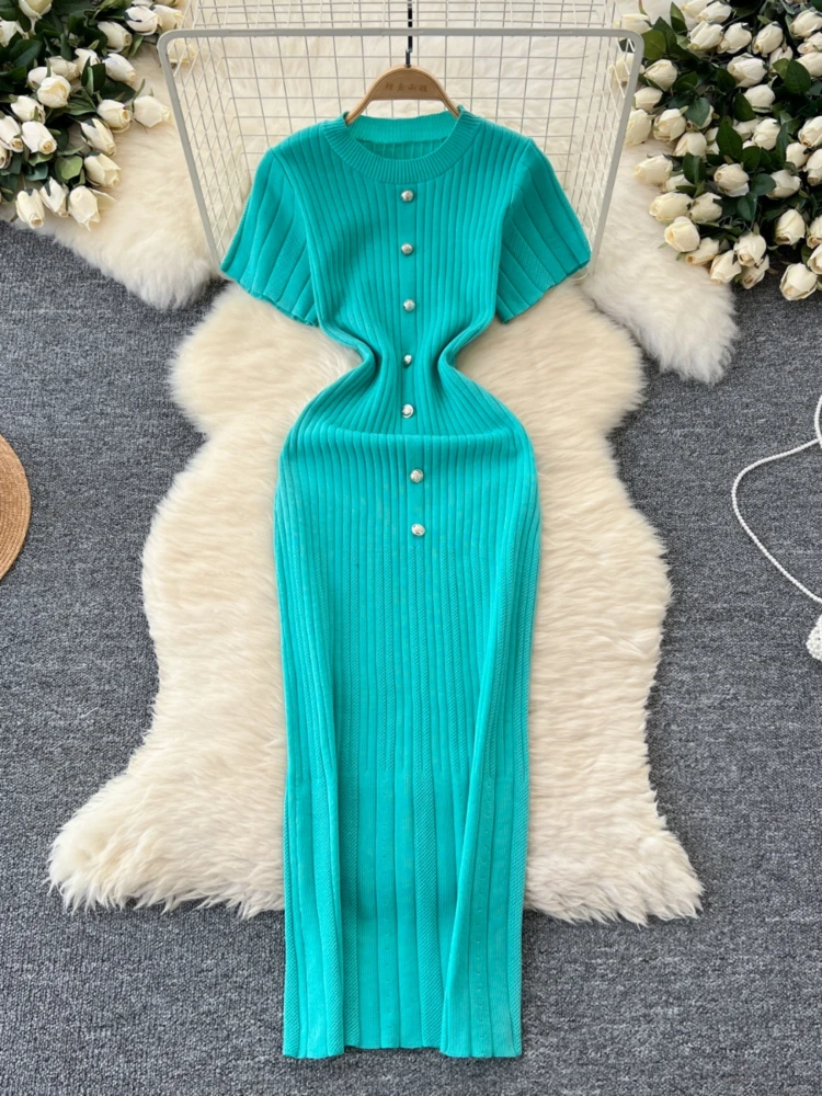 Robe moulante tricotée pour femmes, col rond, simple boutonnage, manches courtes, Slim, Style français, robes longues pour dames, printemps automne