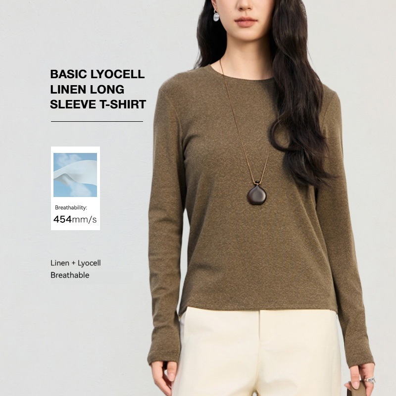 T-shirt Premium en Lin Glacé pour Femme à Manches Longues, Texture Mélangée, Col Rond, Lyocell, Sensation Fraîche, Hauts Printemps-Été