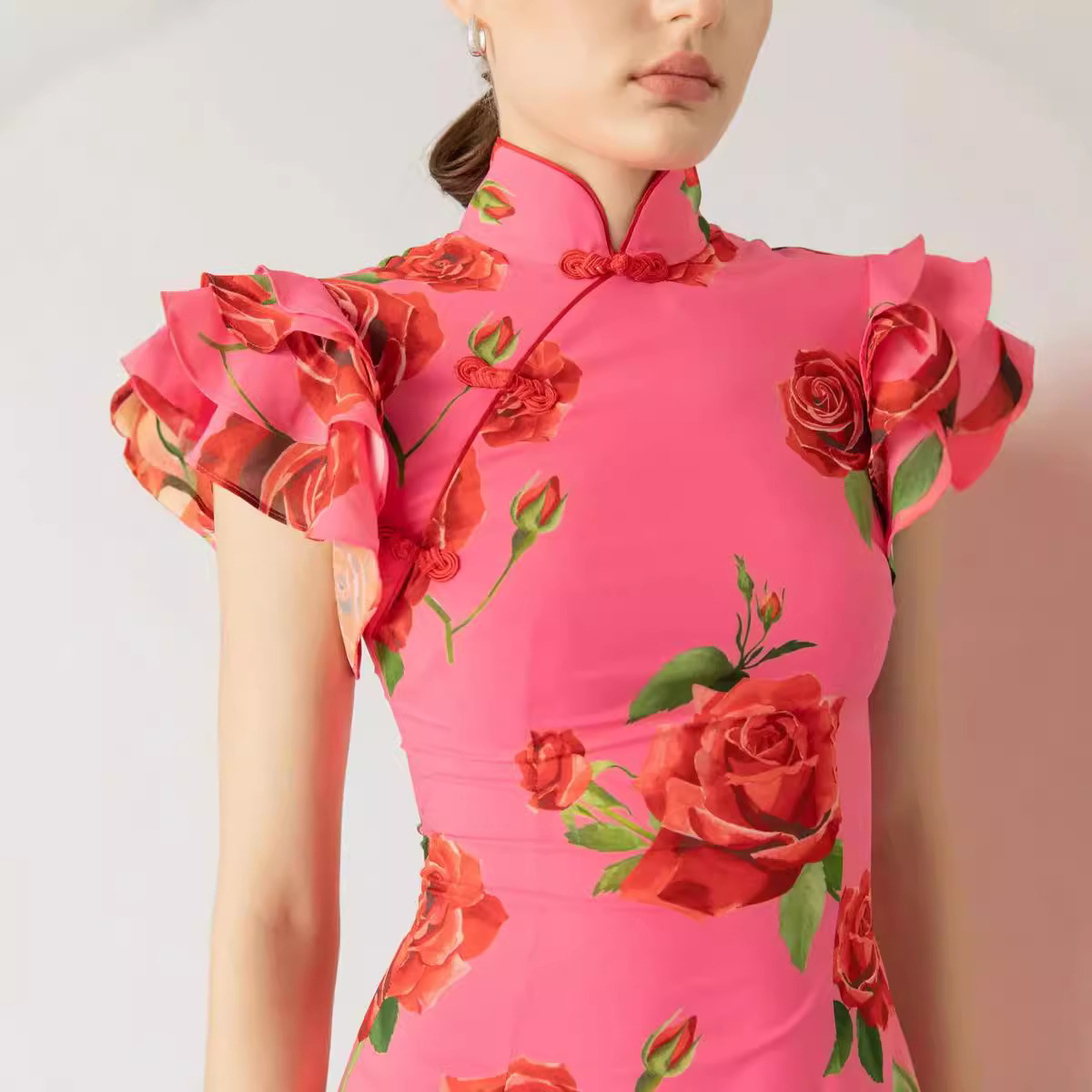 Robe longue à volants pour femmes, imprimé Floral Rose, moulante, Sexy, pour bal de promo, déplacements, tempérament mince, robes de soirée élégantes pour dames