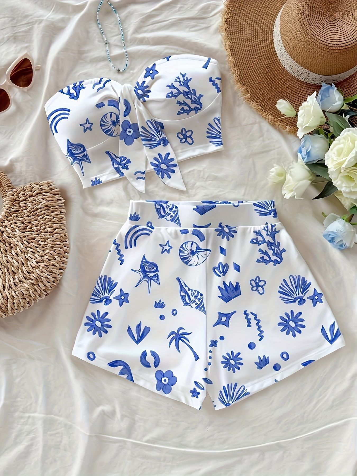 Ensemble deux pièces pour femmes, style décontracté de plage et de vacances, comprenant un haut à torsion sur le devant et un short.