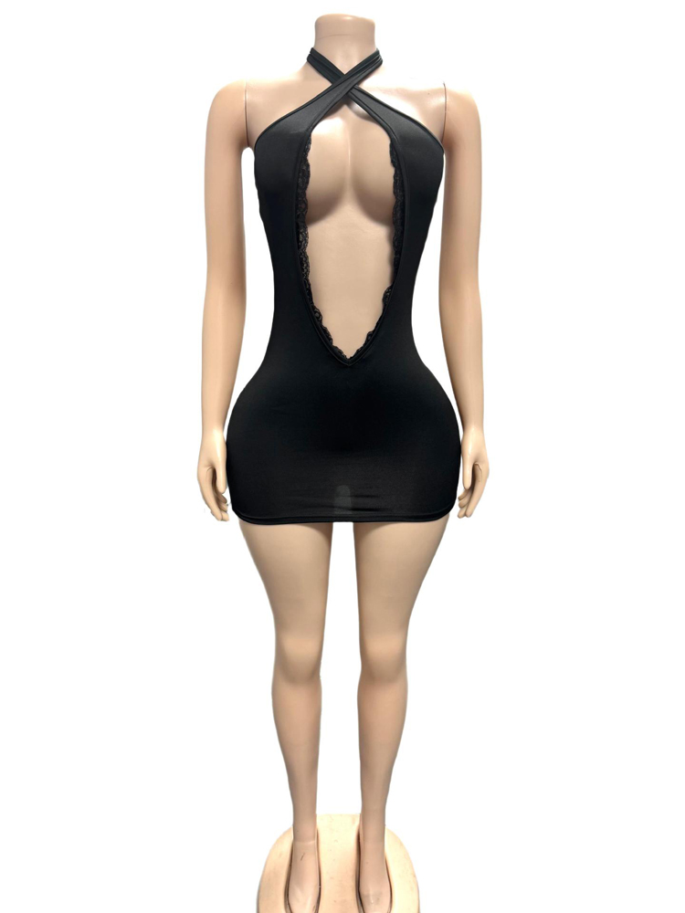 Robe Courte Moulante Sexy pour Femme, Col Halter, Dentelle, Décolleté Creux, Sans Manches, Idéale pour Soirées Clubbing
