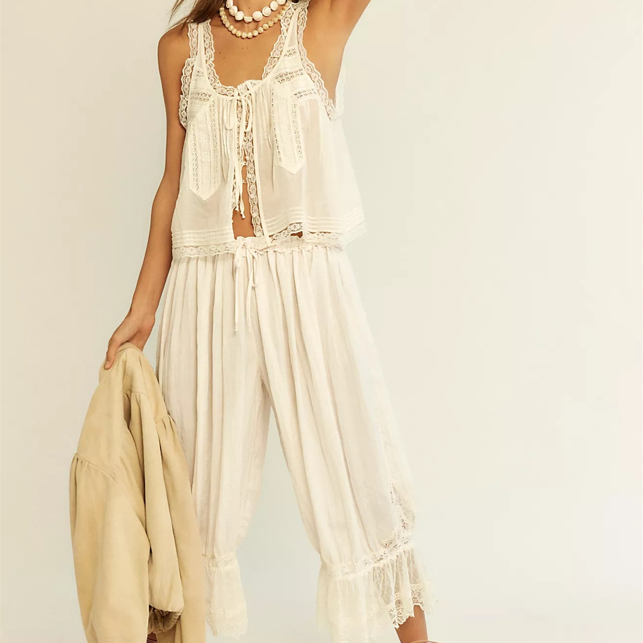 Ensemble pantalon 2 pièces style Boho Vintage pour femmes, tenue d'été décontractée, sans manches, cravate sur le devant, garniture en dentelle, débardeur, ensemble pantalon à cordon de serrage