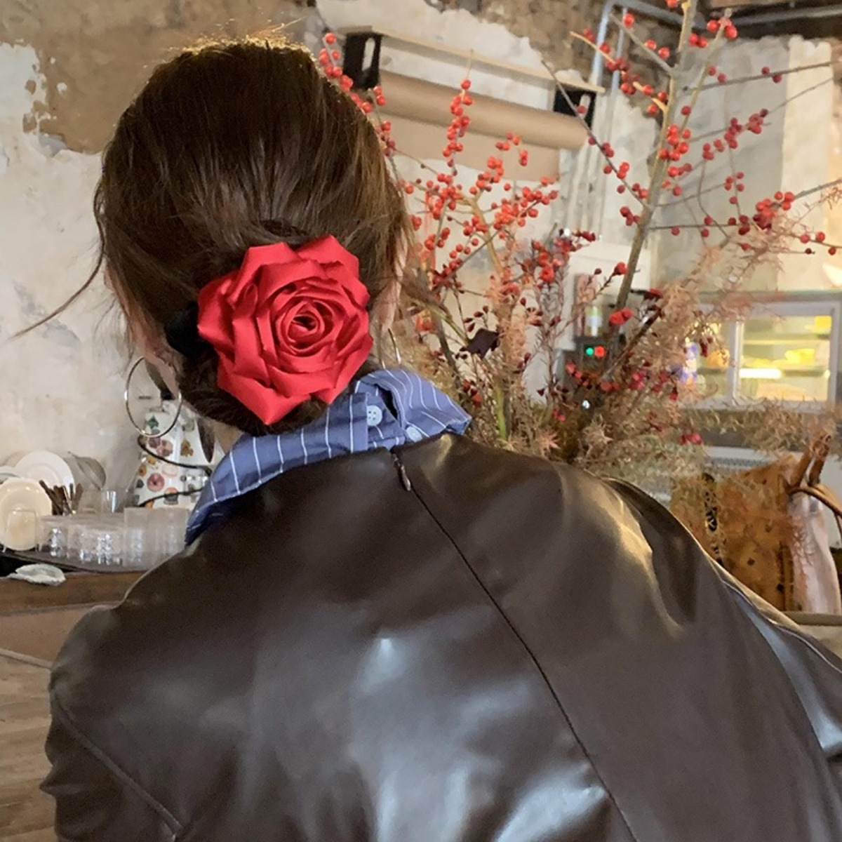 Chouchous en Satin rétro français Rose rouge, chouchous surdimensionnés à haute élasticité, bandes de fleurs, accessoires pour cheveux pour femmes et filles
