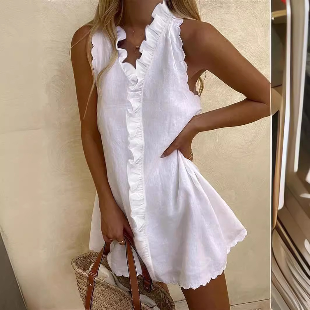 Nouvelles femmes décontracté coton et lin Robe blanche été col en V volants sans manches élégant Boho plage fête Mini robes femme Robe