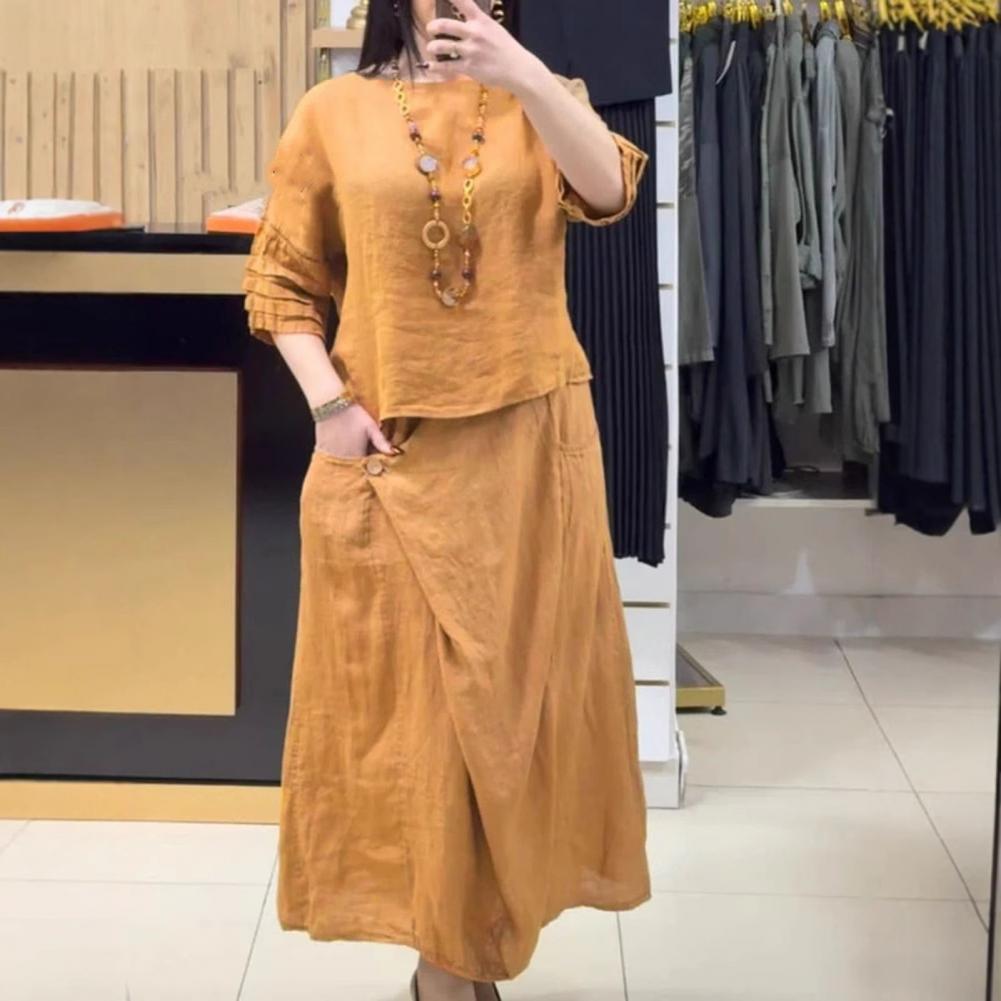 Tenue d'été pour femmes, col rond, manches courtes, haut ample, jupe Midi, ensemble décontracté 2 pièces, ensemble de salon, pull et jupes trapèze