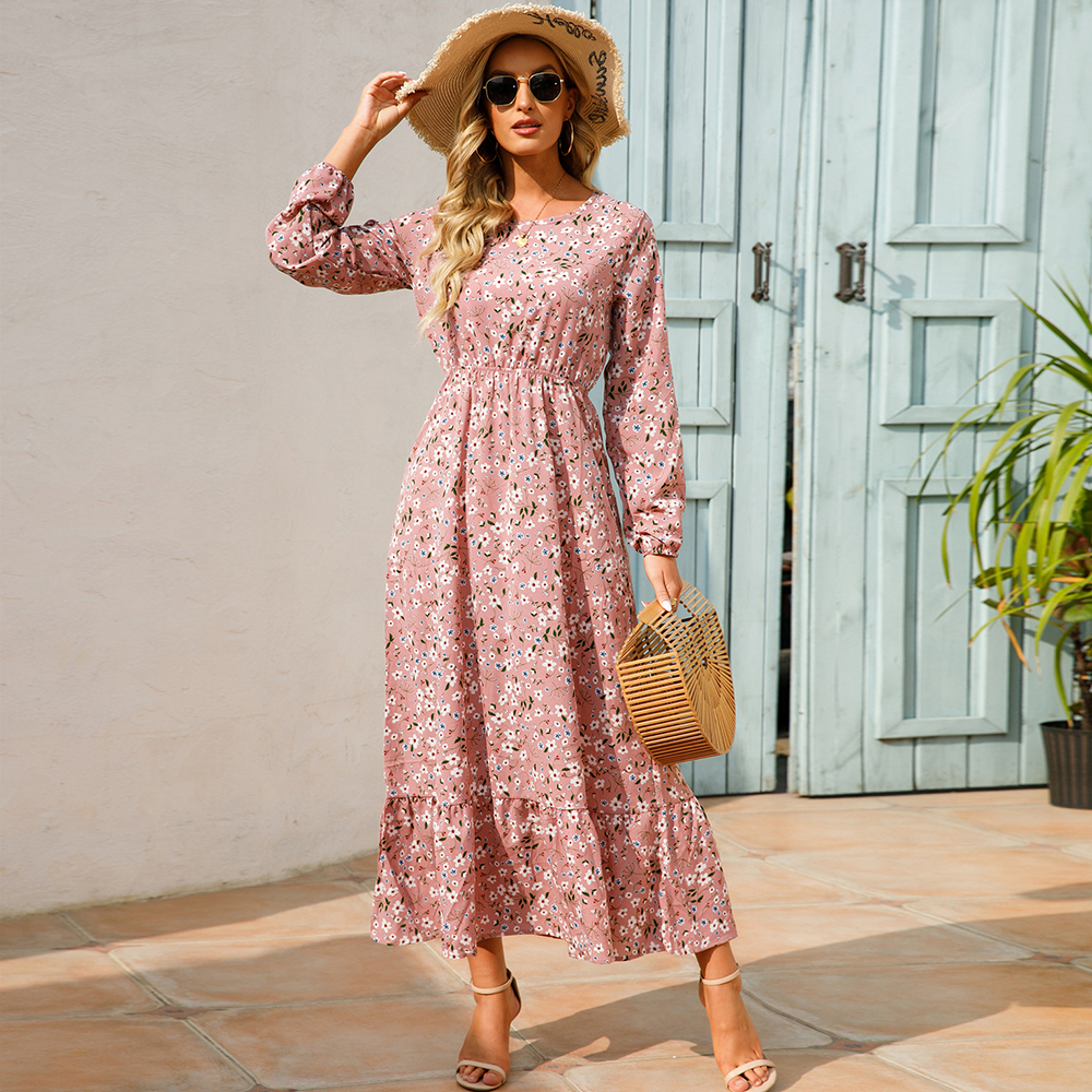 Robe longue en mousseline de soie pour femmes, style bohème décontracté, manches longues, taille haute, pour la plage, motif floral, automne