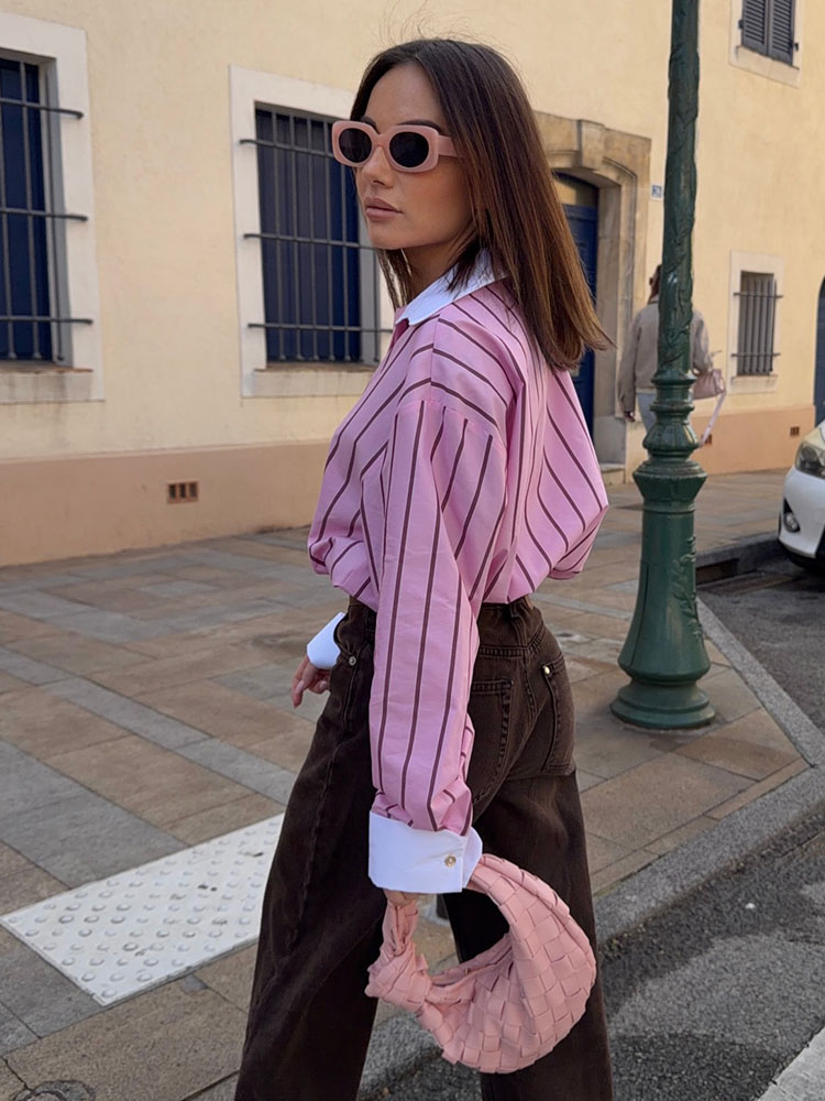 Chemisier décontracté rose rayé à revers et manches longues pour femme, élégant et polyvalent, style printemps