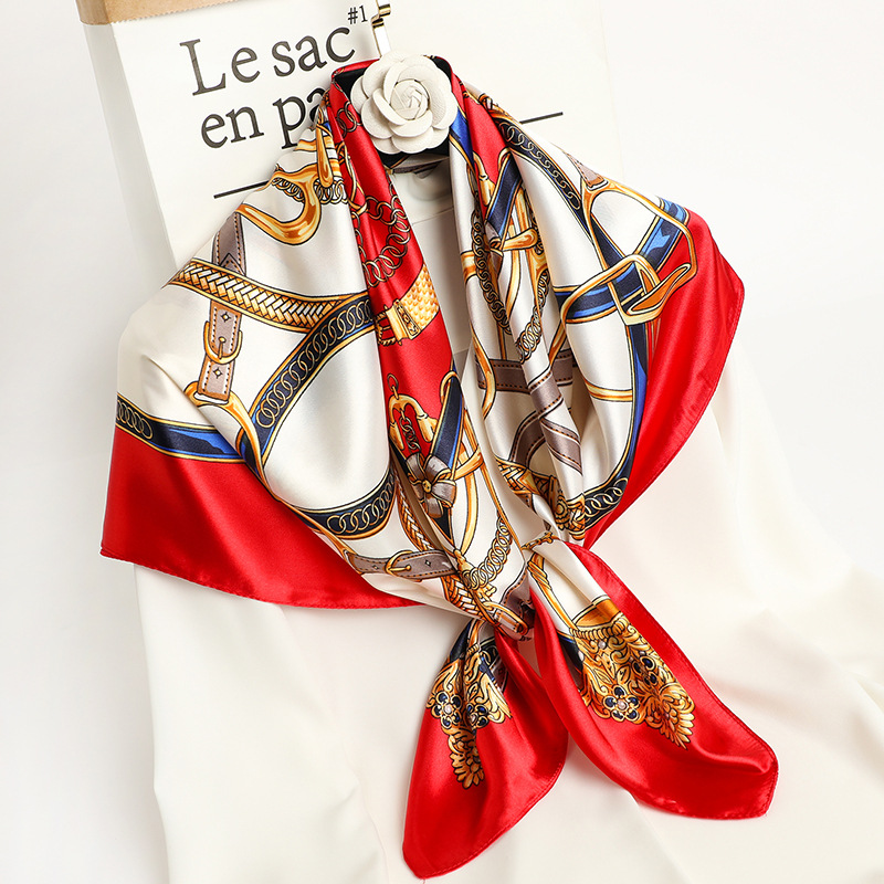 Foulard en Soie Imprimé 90x90cm, Grand Carré en Satin, Châle de Luxe pour Femme, Marque de Créateur, Hijab, Bandeau