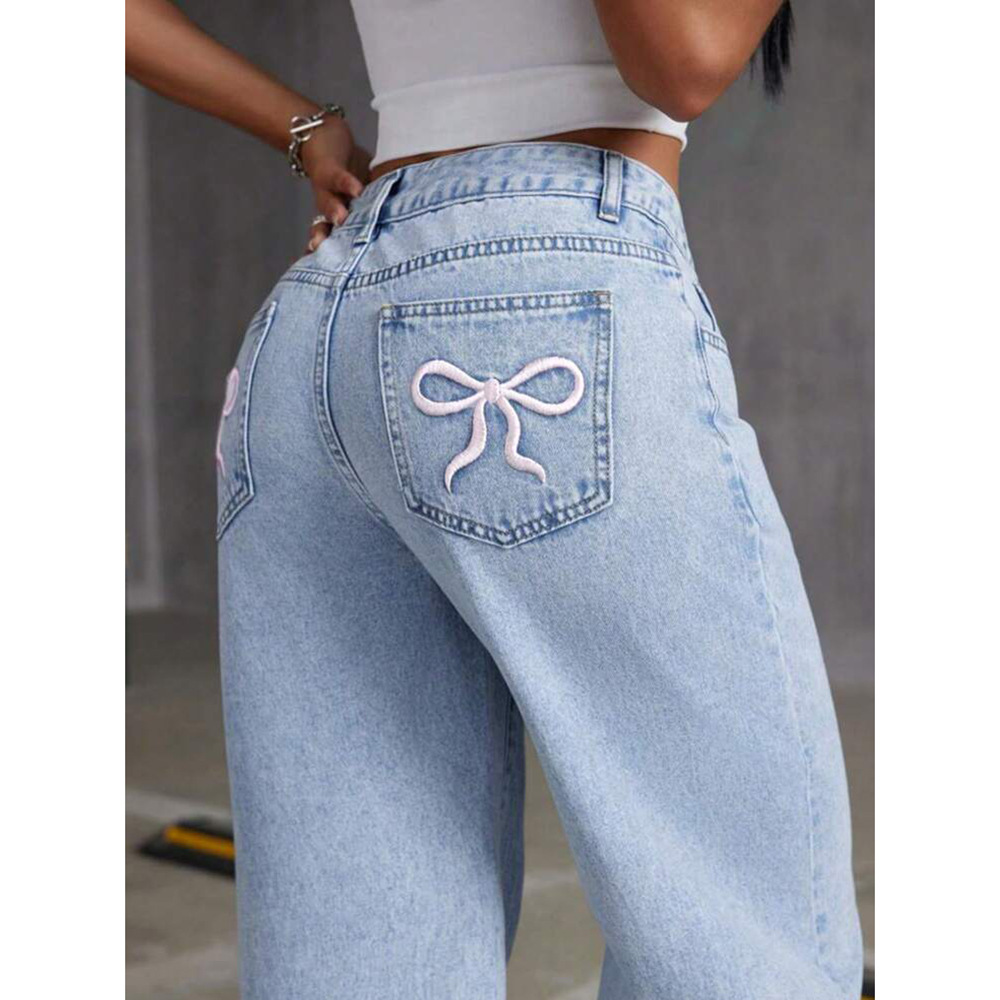 Denim pantalon à jambes larges femmes jean broderie taille haute en détresse lavé maman poches Vintage longueur de plancher pantalon Streetwear