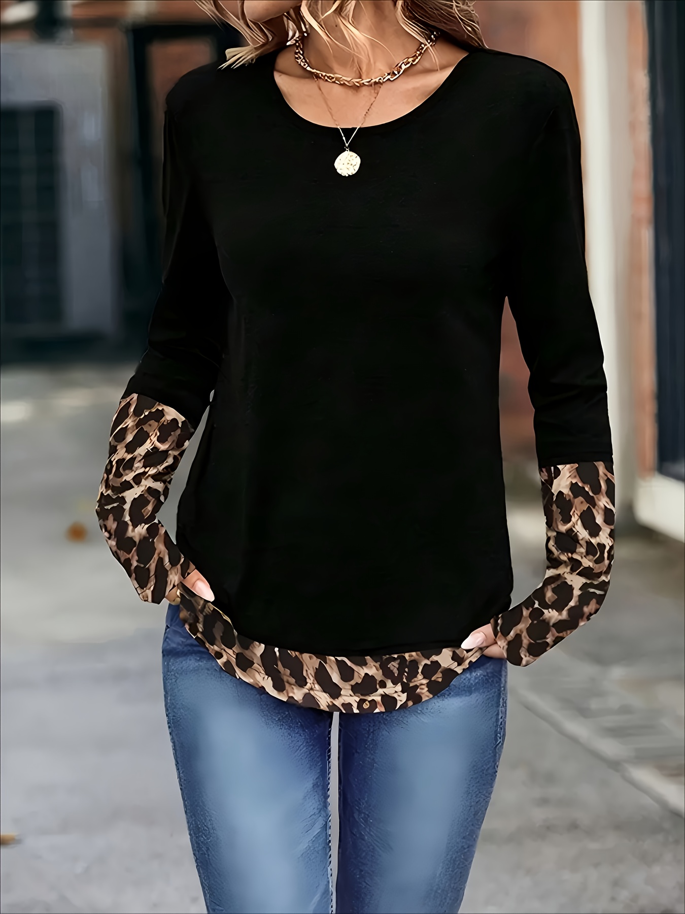 Haut décontracté pour femme à manches longues, imprimé léopard, patchwork, col rond, poignets contrastants, T-shirt décontracté, chemisier streetwear tendance