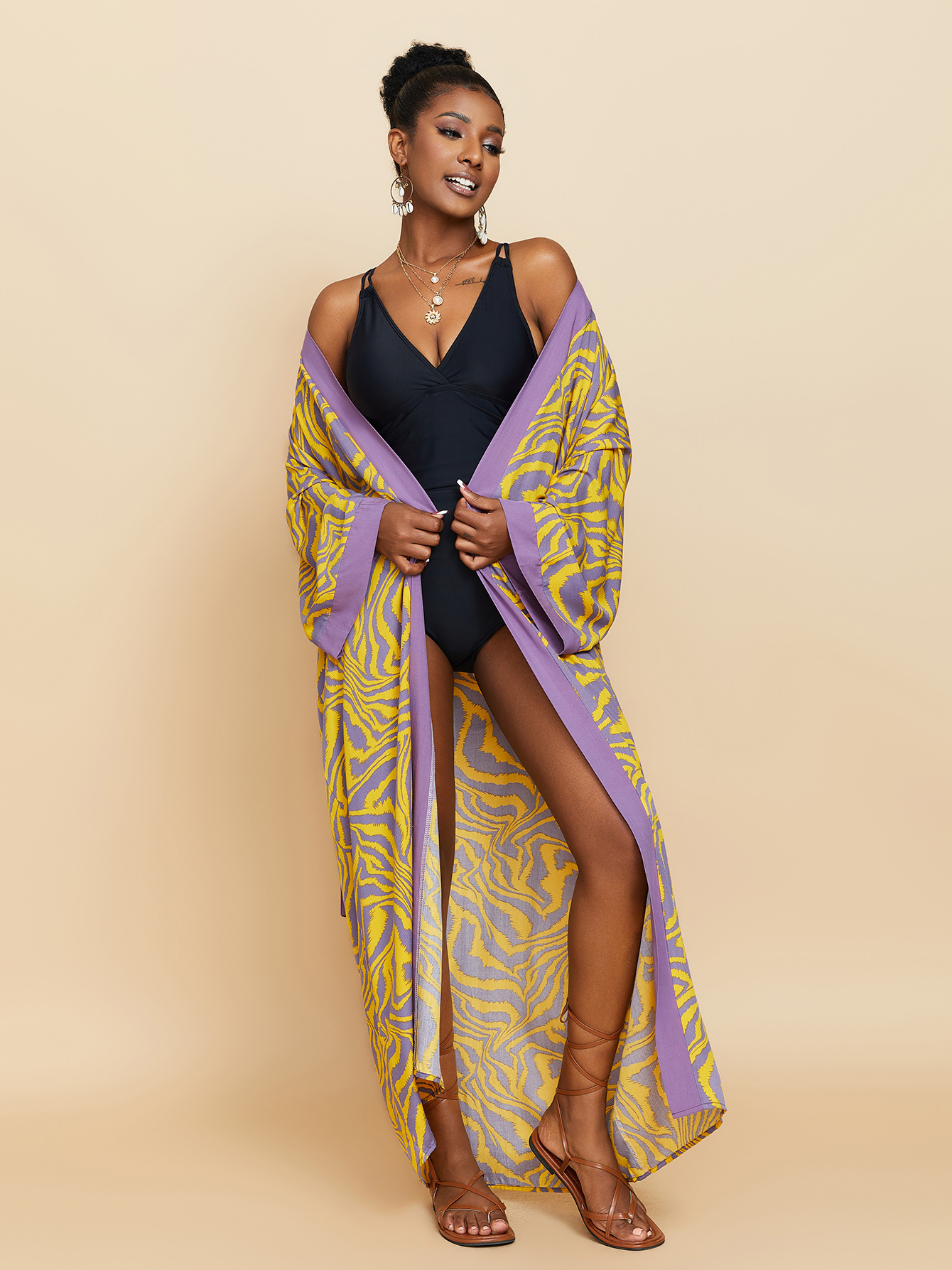 Femmes longue plage Kimono courbe ourlet ample ouvert devant cravate colorant maillot de bain couvrir