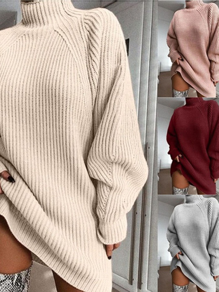 Robe pull à col roulé pour femmes, couleur unie, manches longues, décontractée, élégante, Mini, surdimensionnée, tricotée, vêtements d'hiver, automne