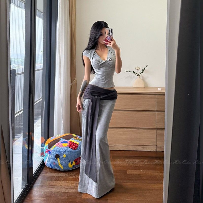 Mode avant cravate jupes longues femmes Maxi jupe été Sexy femme taille haute moulante trompette jupes femmes Mujer Faldas