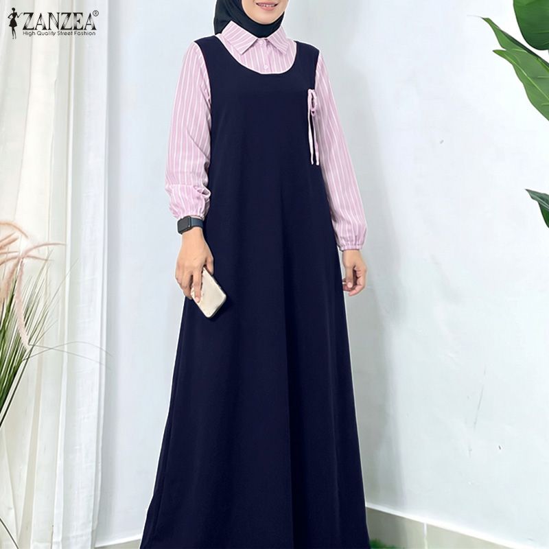 ZANZEA Robe Abaya musulmane patchwork rayée pour femme, Robe de Ramadan décontractée à manches longues, Robe longue ample style Dubaï, Kaftan Maxi