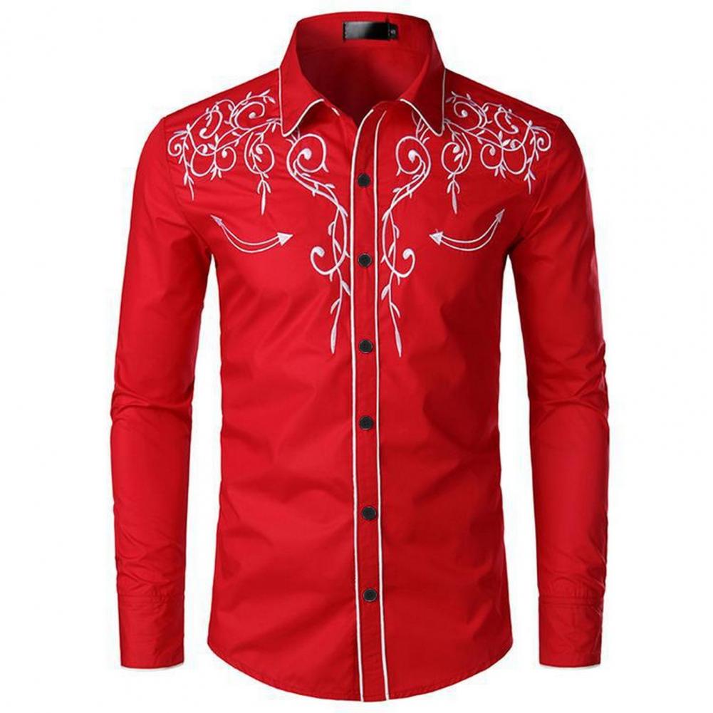 Chemise brodée à la mode pour hommes, Style Cowboy occidental, manches longues, col à revers, simple boutonnage, chemise brodée, haut décontracté