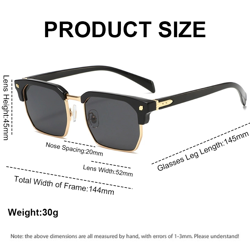 Lunettes de soleil de luxe simples pour hommes et femmes, monture carrée en métal avec rivets, protection UV pour les voyages en extérieur