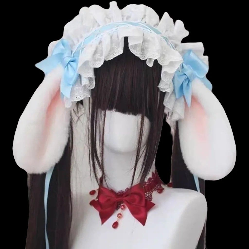 Serre-tête gothique avec oreilles de lapin et nœud, style Harajuku Gothic Lolita Y2K, pour fille, avec dentelle et volants, style punk
