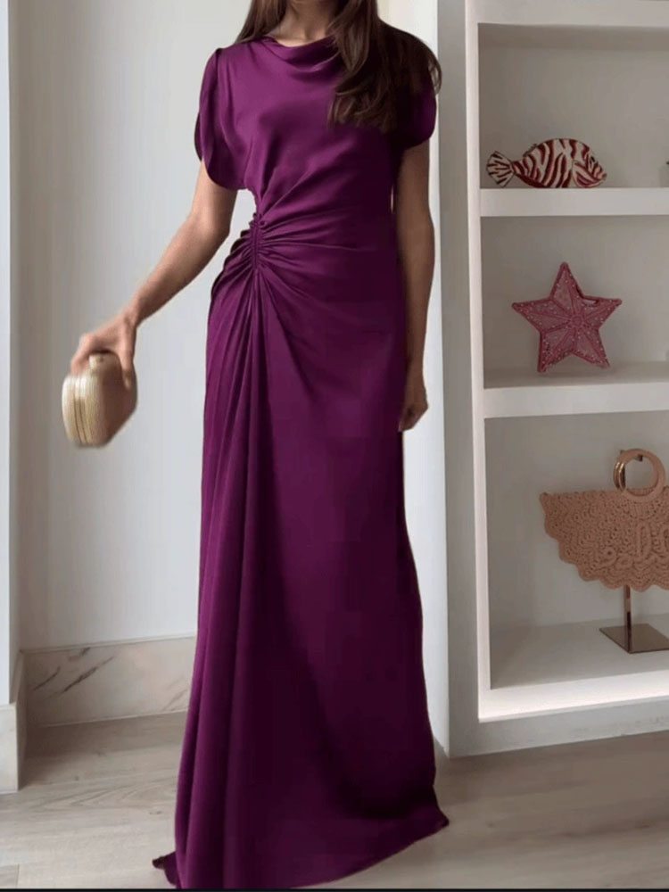 Robe de soirée drapée décontractée, col rond, élégante, taille haute, coupe cintrée, mode tempérament, couleur unie, longue