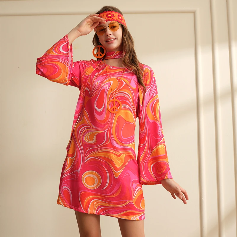 Tenue Disco 7 pièces, Costume Hippie pour femmes, vêtements de Style rétro, robe, signe de paix, accessoires bijoux d'halloween