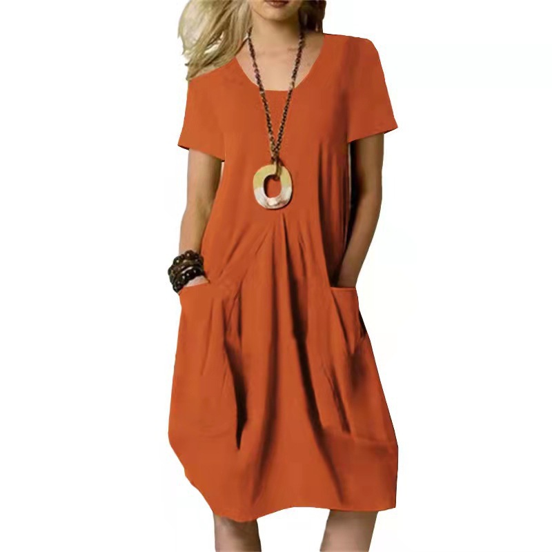 Robes pour femmes 2026 – Nouvelle collection été en coton et lin, couleur unie, coupe ample, col rond, manches courtes, longueur genou – Vêtements Vestidos