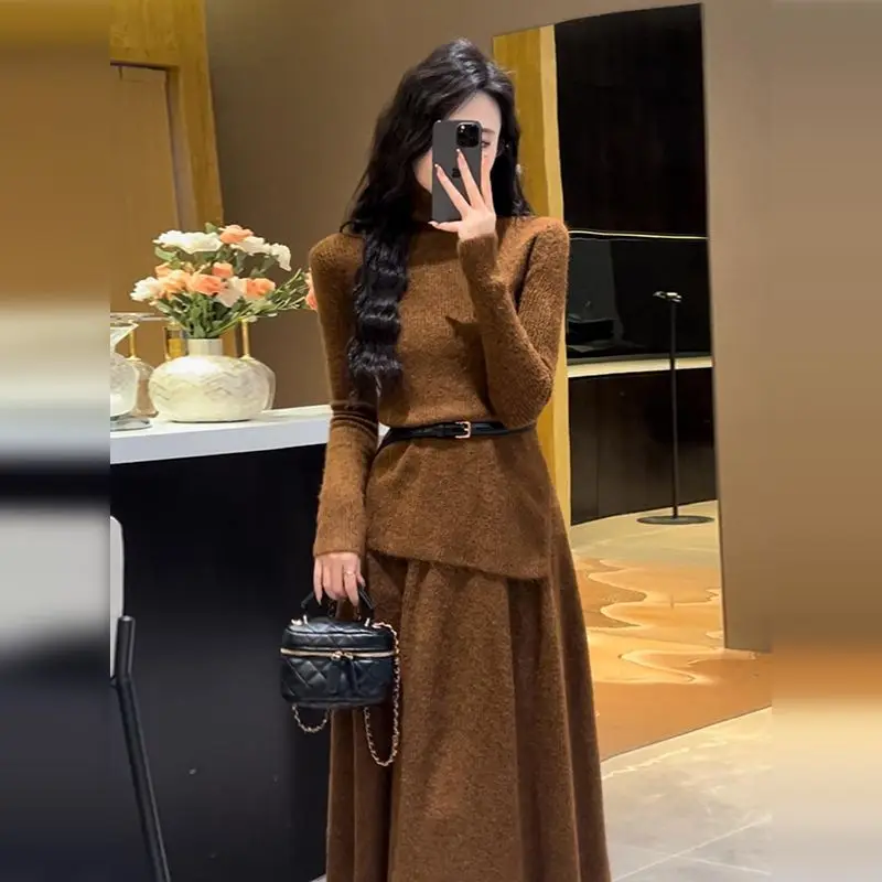 Ensembles de jupes à col haut pour femmes, pull à manches longues paresseux, jupes longues, olympiques chics design, vêtements de bureau pour femmes, 2 pièces