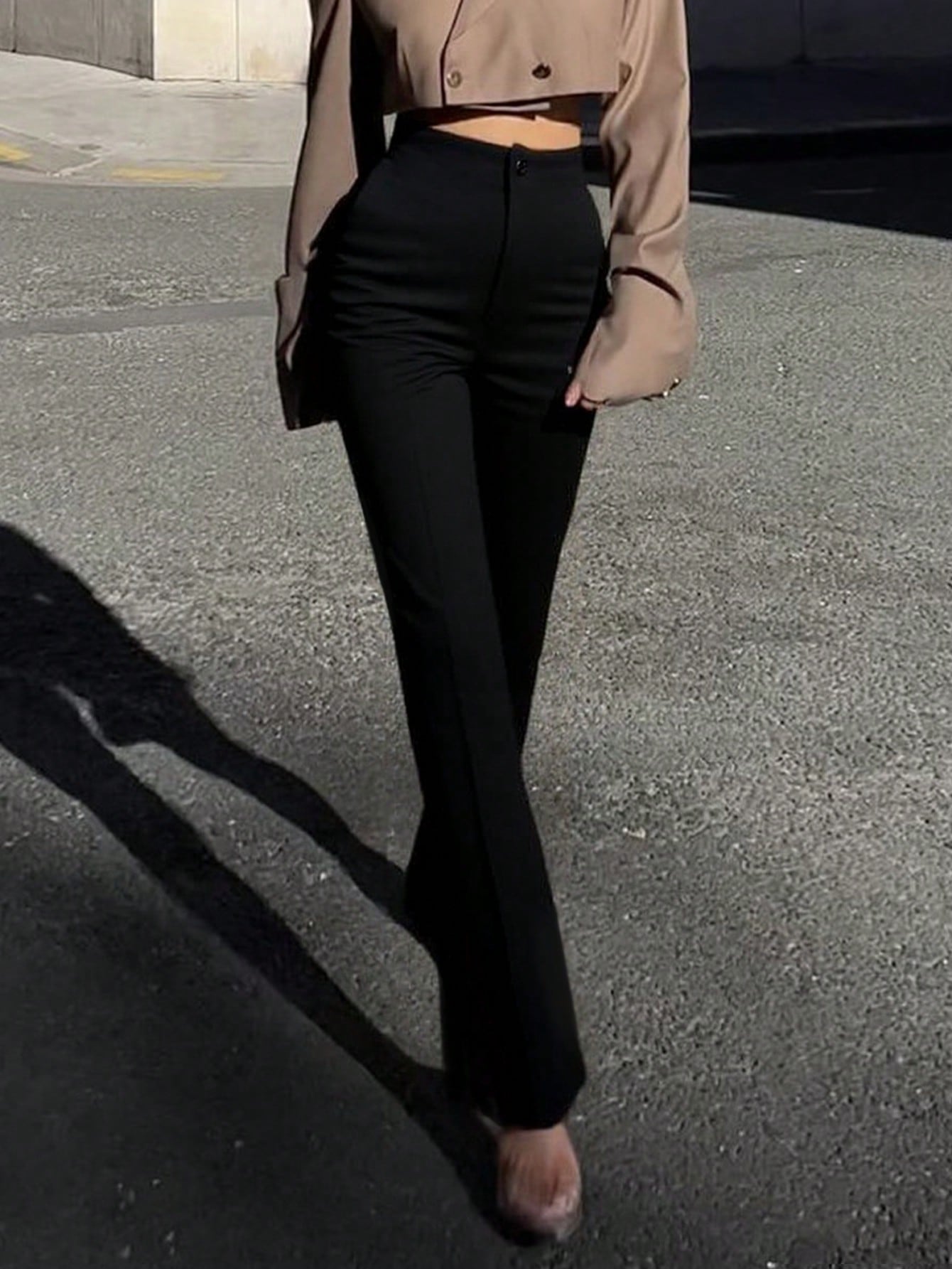 Pantalon taille haute à jambes droites pour femmes, couleur unie, noir, décontracté, élégant, adapté aux sorties quotidiennes, au bureau