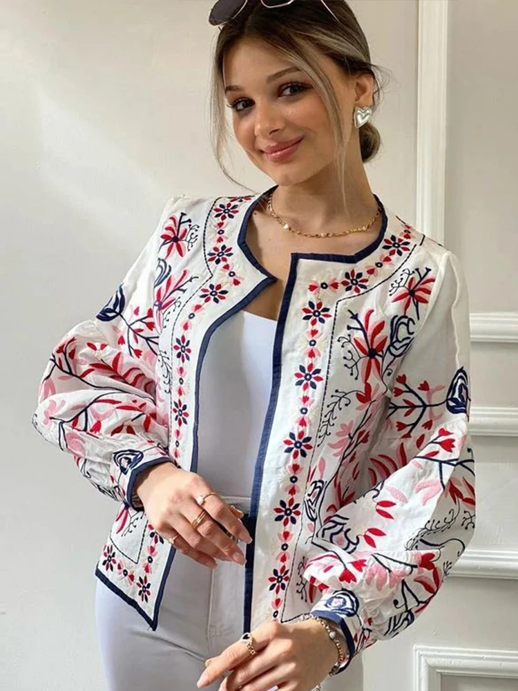 Manteau à col rond à imprimé floral pour femmes, cardigan à manches longues bouffantes, veste de rue chic pour dames, vêtements de vacances, début de l'automne, mode, 2024