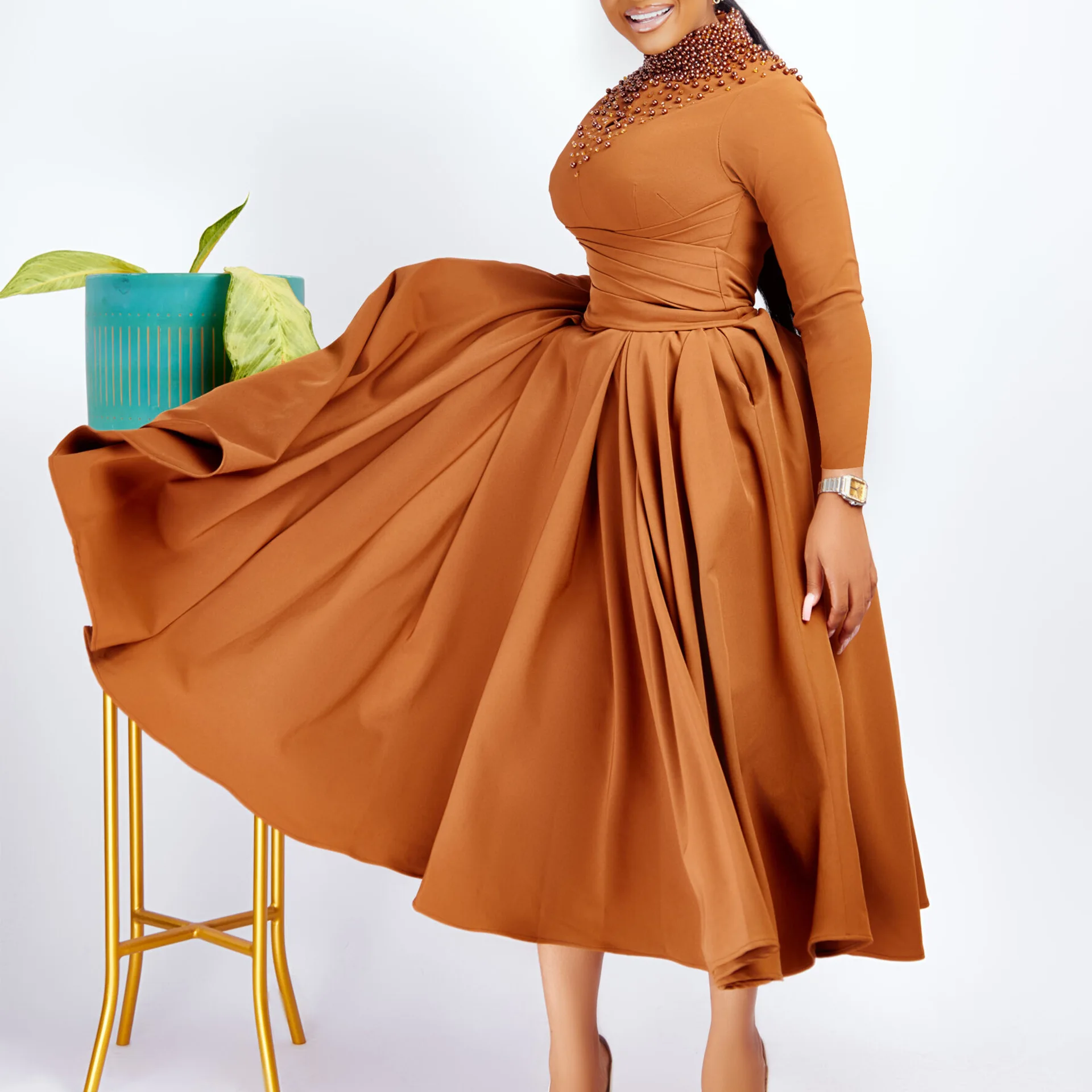 Robes de soirée femmes à manches longues col roulé brodé évasés robe robes pull ample légèrement extensible hiver décontracté moulante